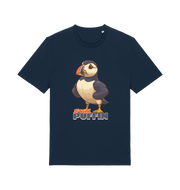 navy funny animal t-shirt with the graphic of a puffin and the slogan 'stud puffin'