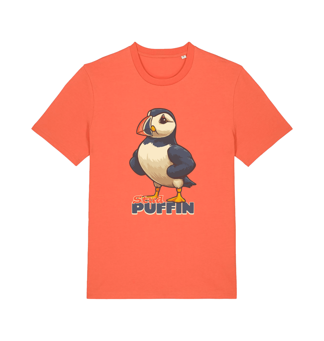 orange funny animal t-shirt with the graphic of a puffin and the slogan 'stud puffin'