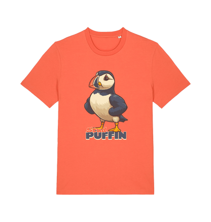 orange funny animal t-shirt with the graphic of a puffin and the slogan 'stud puffin'