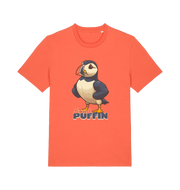 orange funny animal t-shirt with the graphic of a puffin and the slogan 'stud puffin'