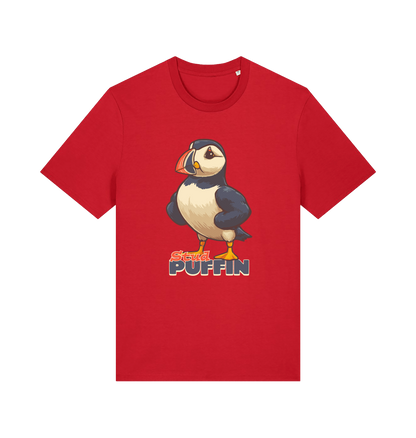 red funny animal t-shirt with the graphic of a puffin and the slogan 'stud puffin'