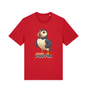 red funny animal t-shirt with the graphic of a puffin and the slogan 'stud puffin'