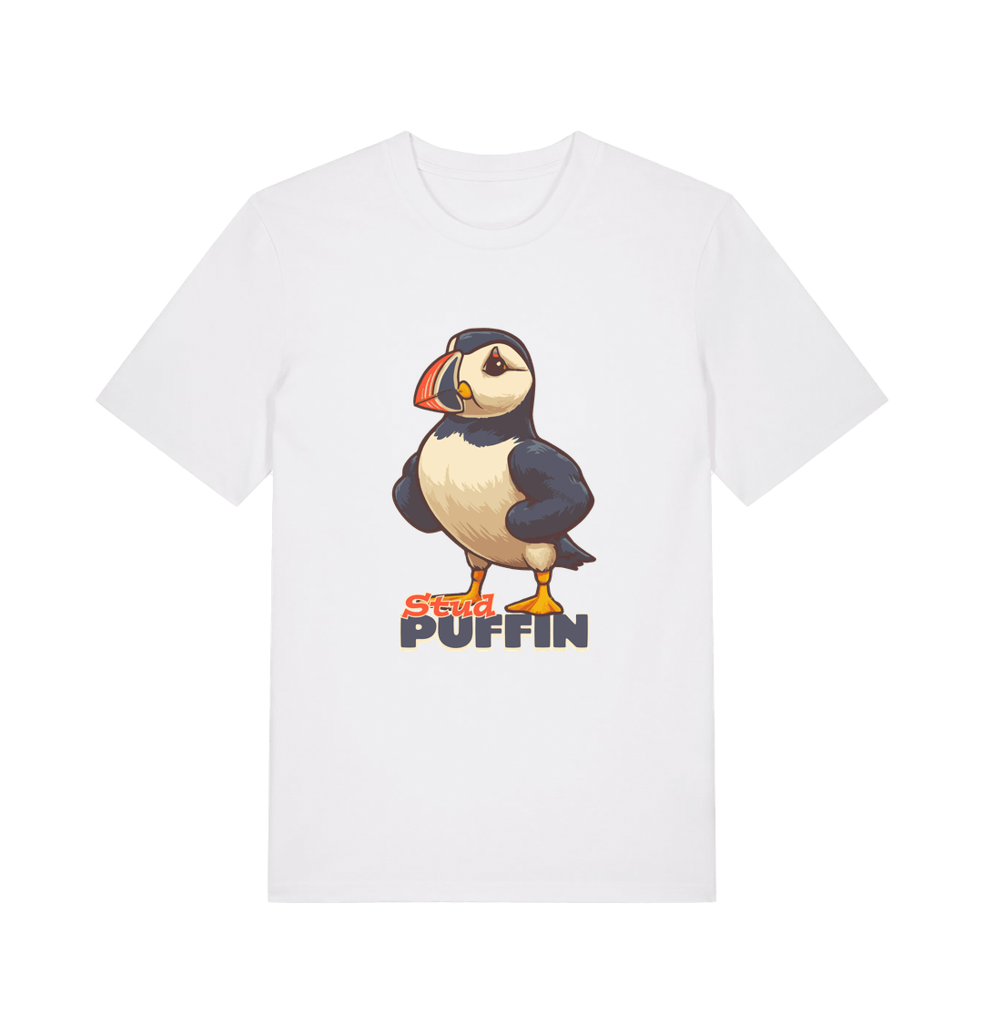 white funny animal t-shirt with the graphic of a puffin and the slogan 'stud puffin'