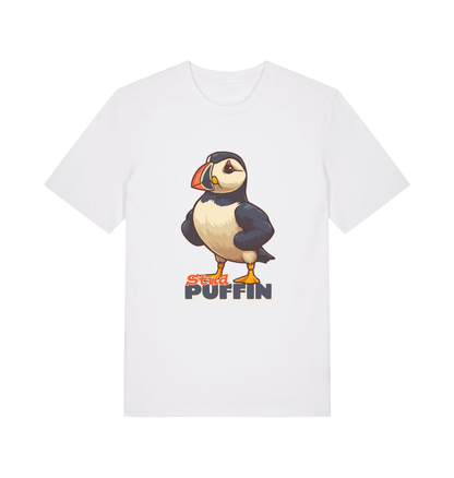 white funny animal t-shirt with the graphic of a puffin and the slogan 'stud puffin'