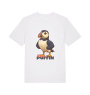 white funny animal t-shirt with the graphic of a puffin and the slogan 'stud puffin'