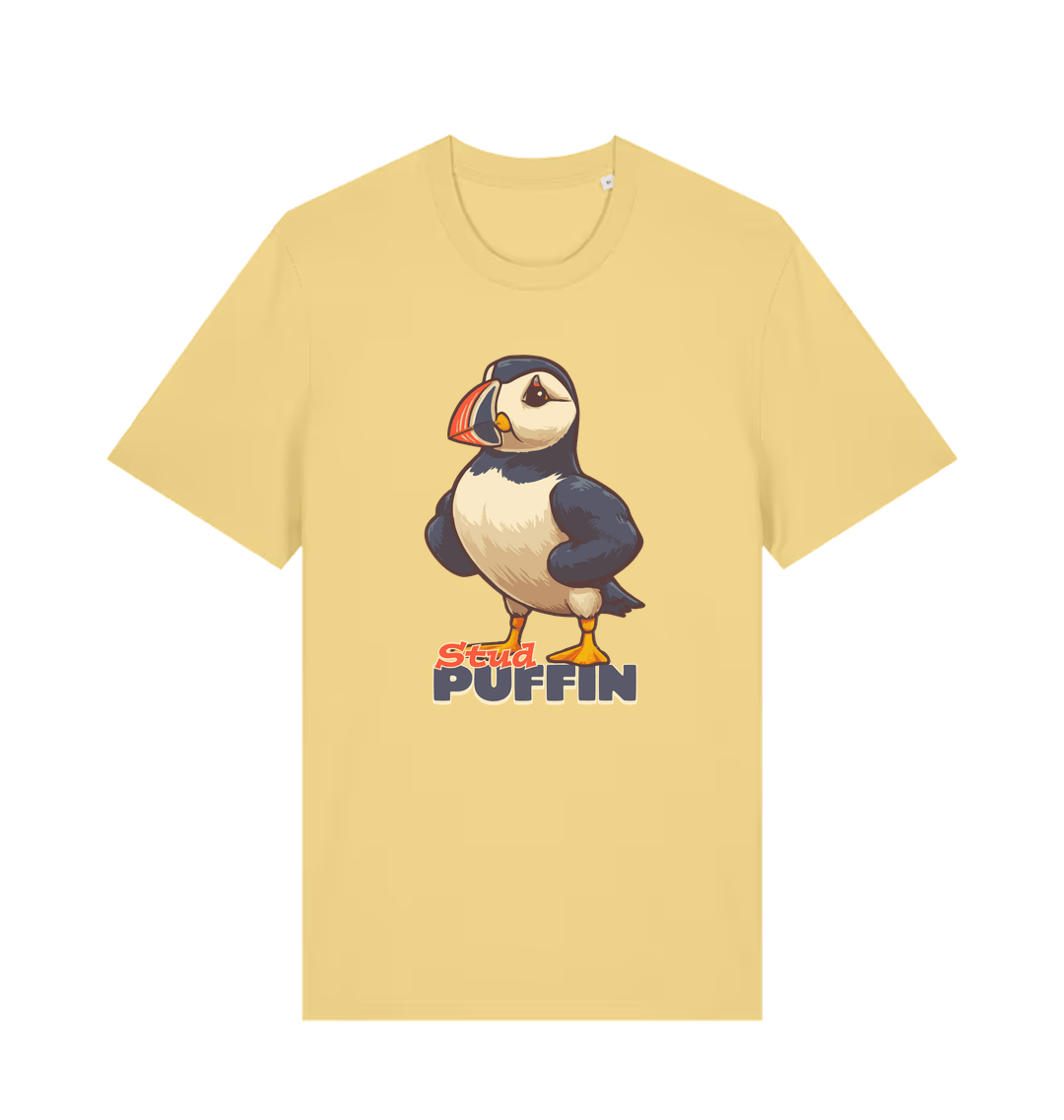 yellow funny animal t-shirt with the graphic of a puffin and the slogan 'stud puffin'