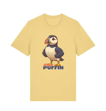 yellow funny animal t-shirt with the graphic of a puffin and the slogan 'stud puffin'