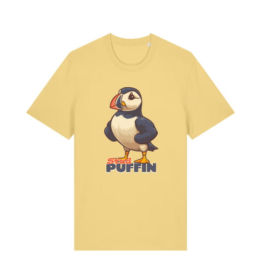yellow funny animal t-shirt with the graphic of a puffin and the slogan 'stud puffin'