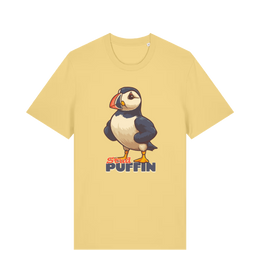 yellow funny animal t-shirt with the graphic of a puffin and the slogan 'stud puffin'