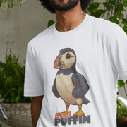 Person wearing a white funny t-shirt with a puffin graphic and 'Stud Puffin' text.
