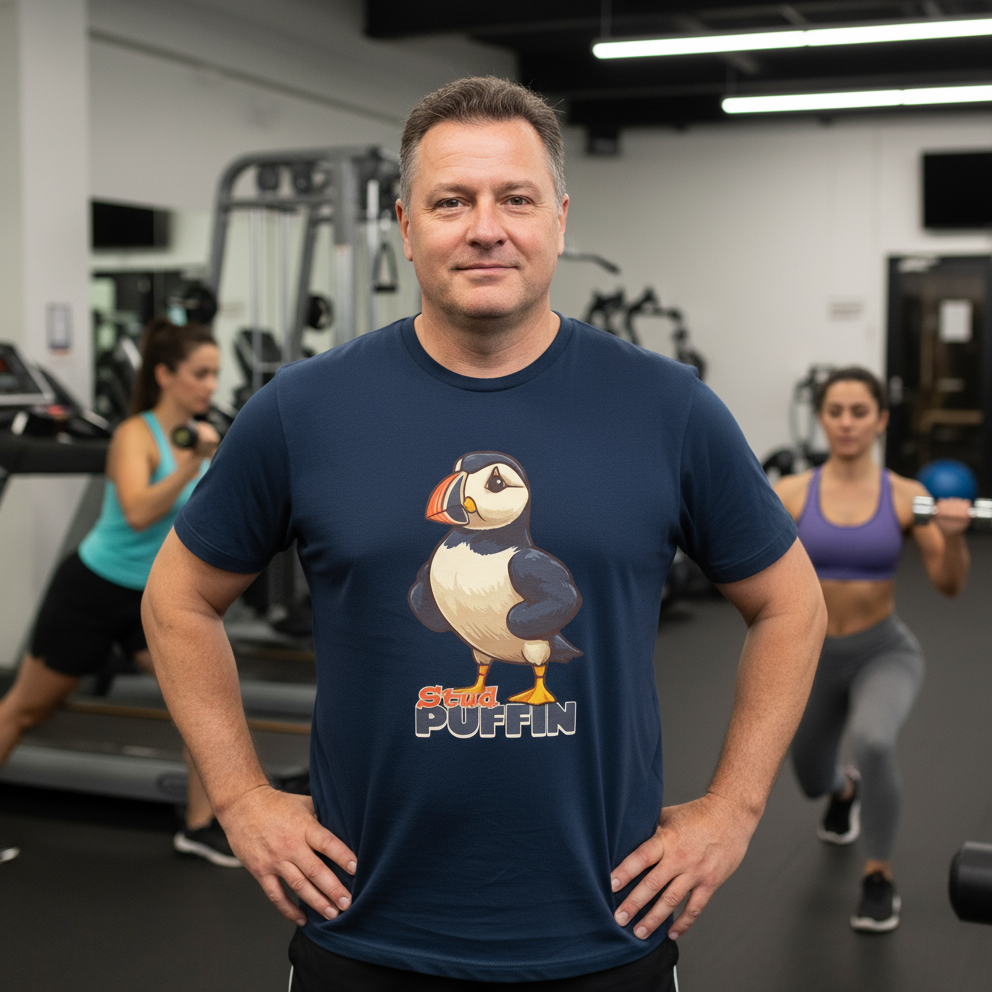 Man wearing a navy blue t-shirt with a penguin graphic in a gym setting