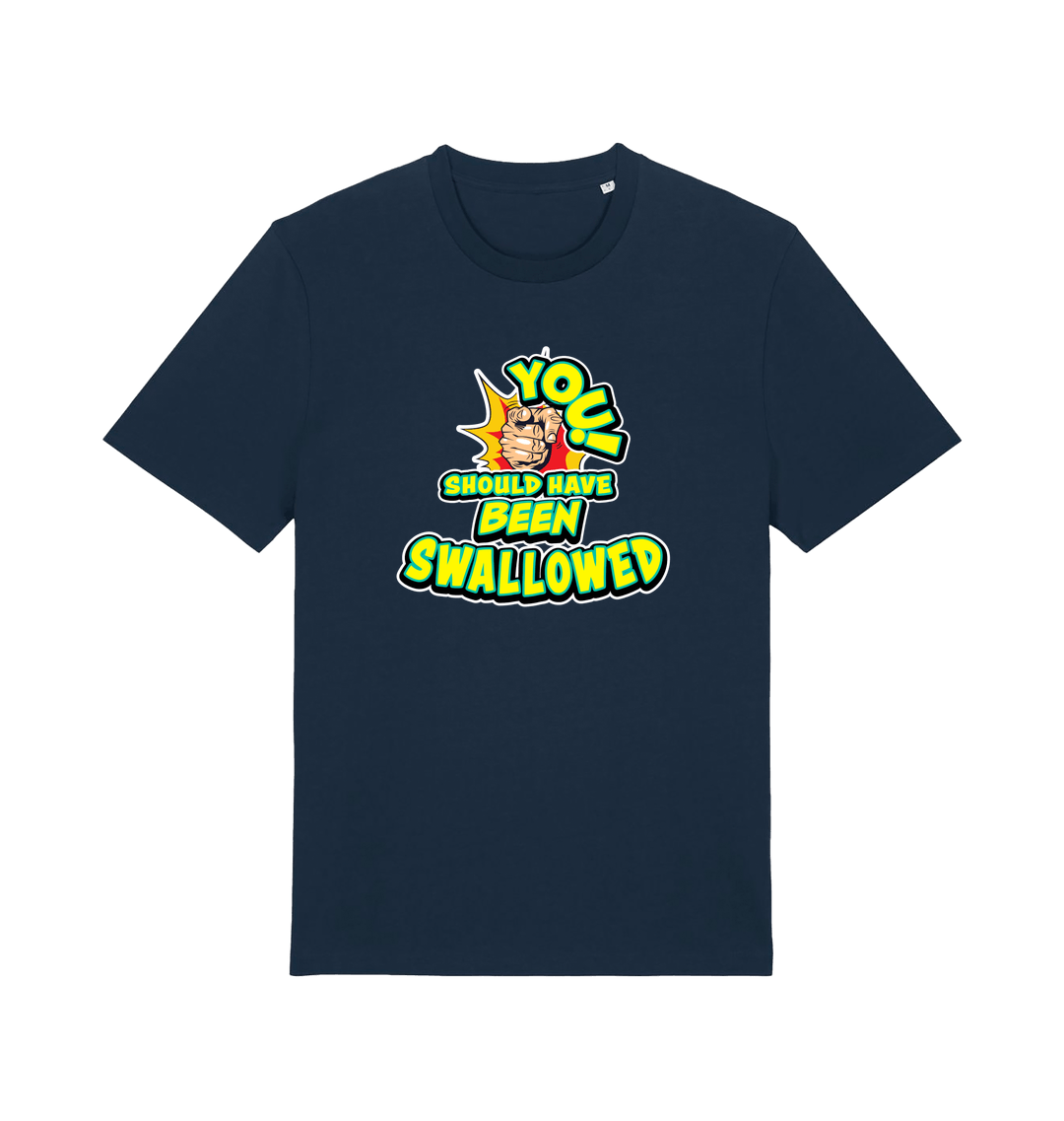 navy funny offensive t-shirt with the slogan 'you should have been swallowed'