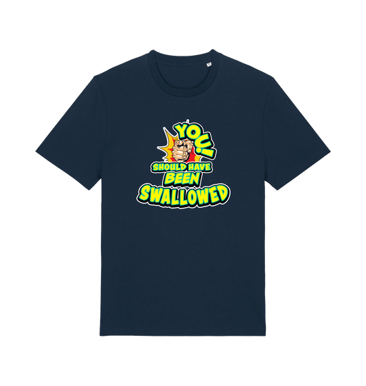 navy funny offensive t-shirt with the slogan 'you should have been swallowed'