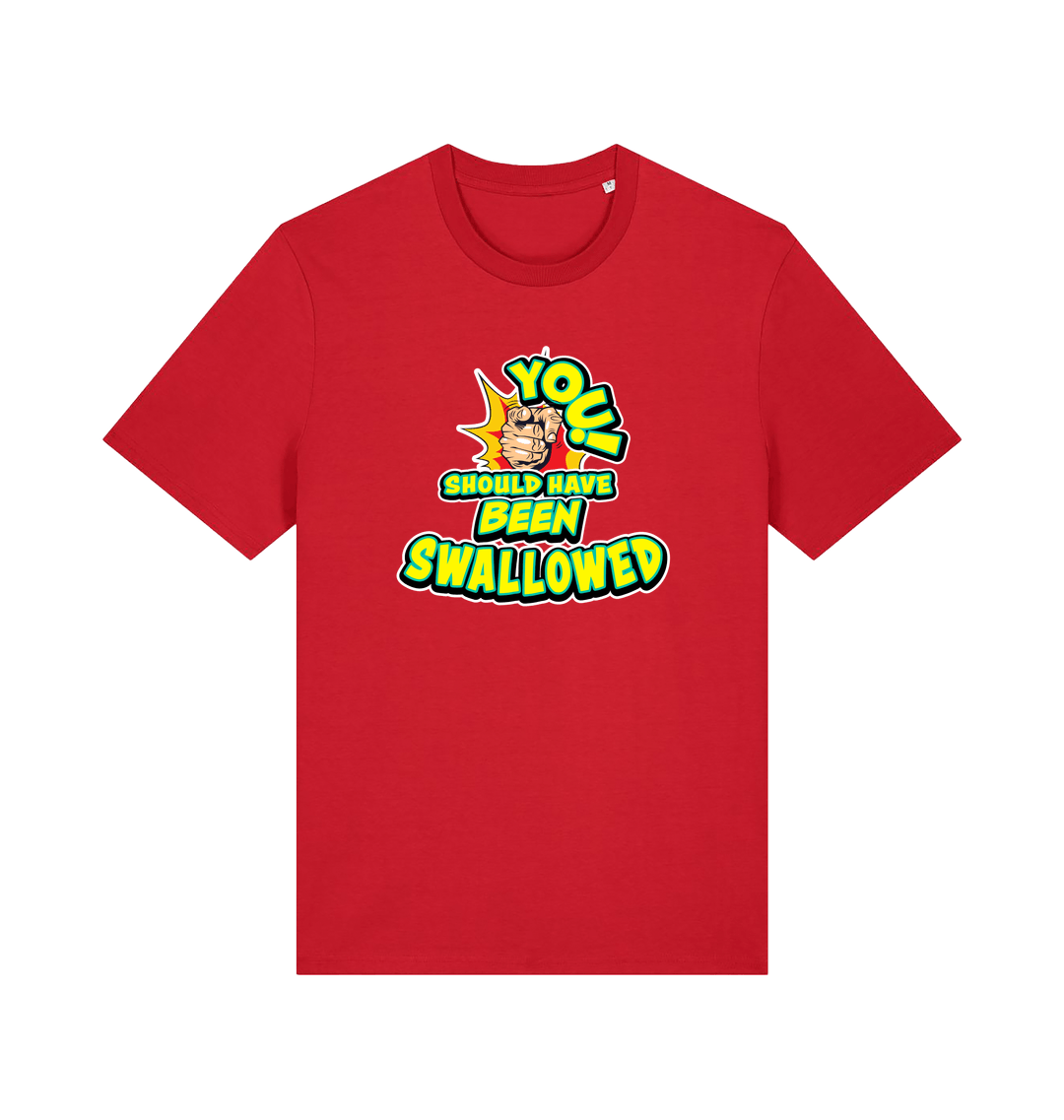 red funny offensive t-shirt with the slogan 'you should have been swallowed'