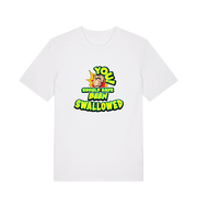 white funny offensive t-shirt with the slogan 'you should have been swallowed'