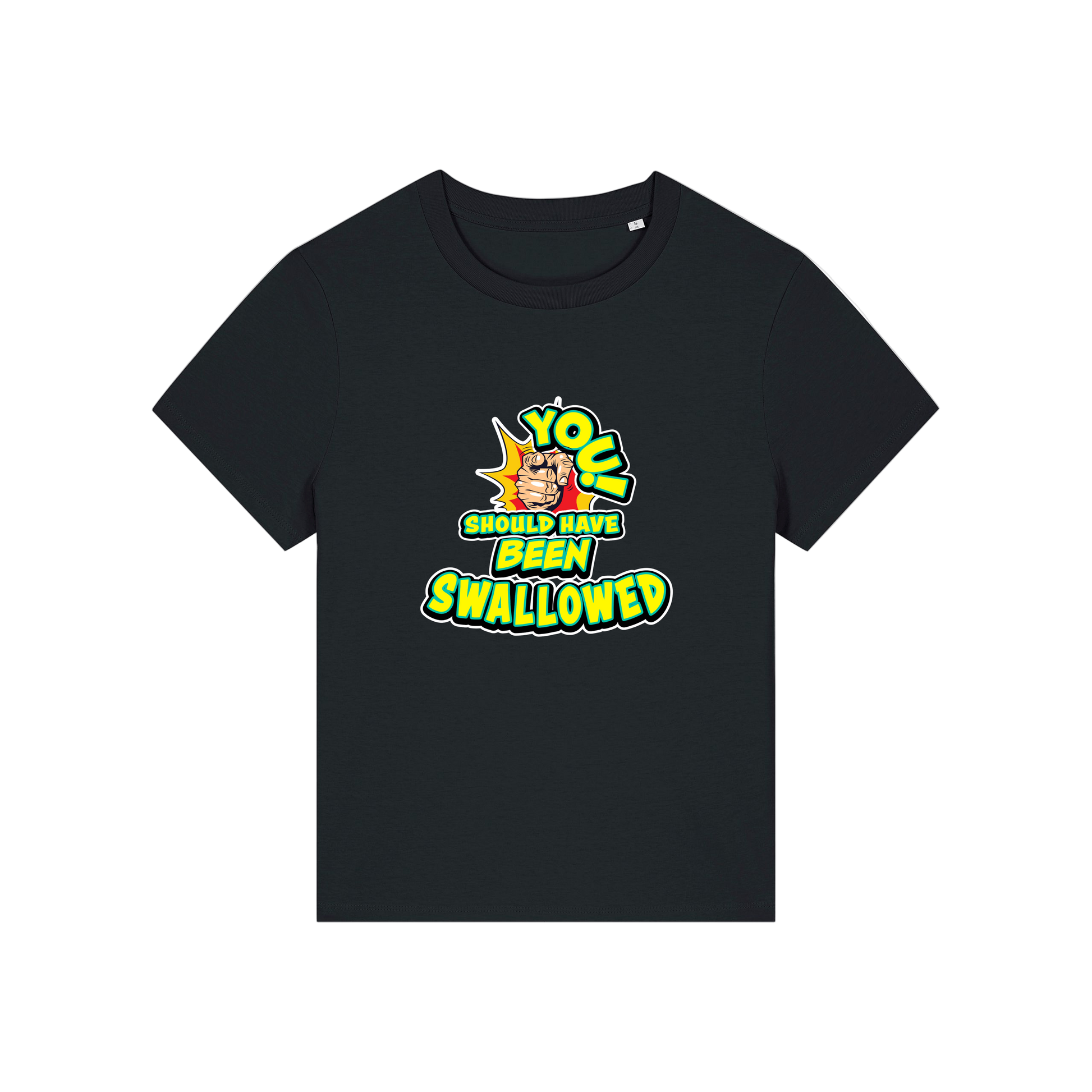 black funny offensive t-shirt with the slogan 'you should have been swallowed'