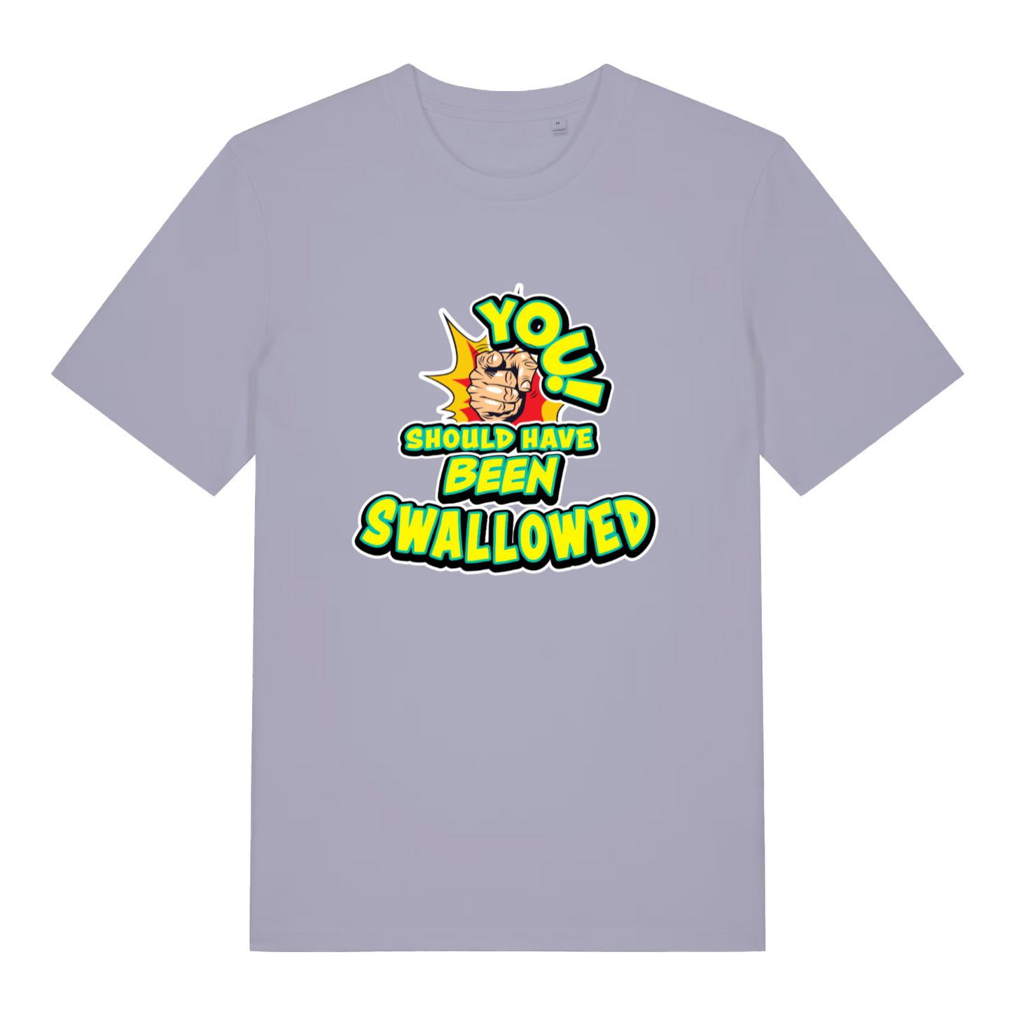 lavender women's funny offensive t-shirt with the slogan 'you should have been swallowed'