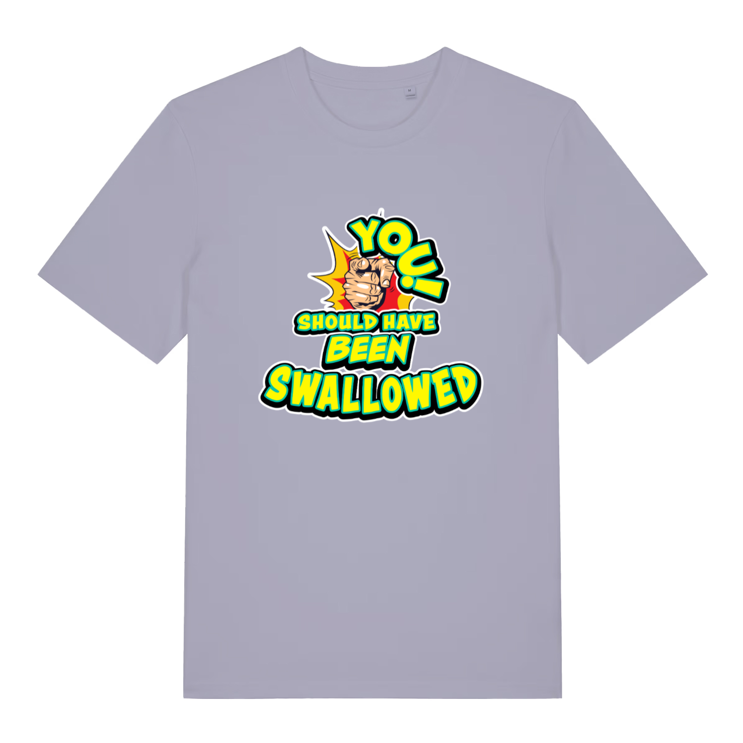 lavender women's funny offensive t-shirt with the slogan 'you should have been swallowed'
