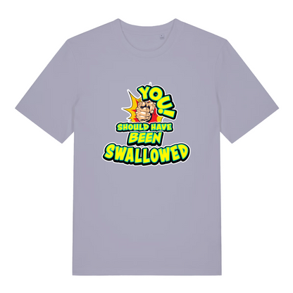 lavender women's funny offensive t-shirt with the slogan 'you should have been swallowed'
