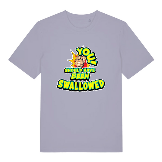lavender women's funny offensive t-shirt with the slogan 'you should have been swallowed'