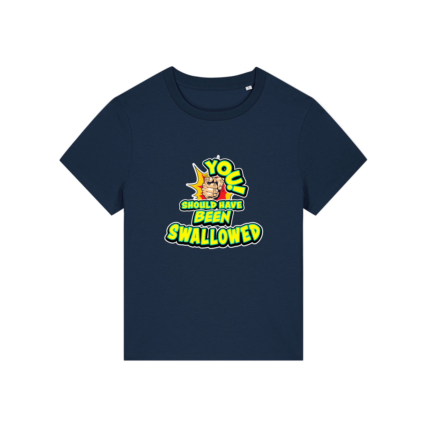 navy funny offensive t-shirt with the slogan 'you should have been swallowed'