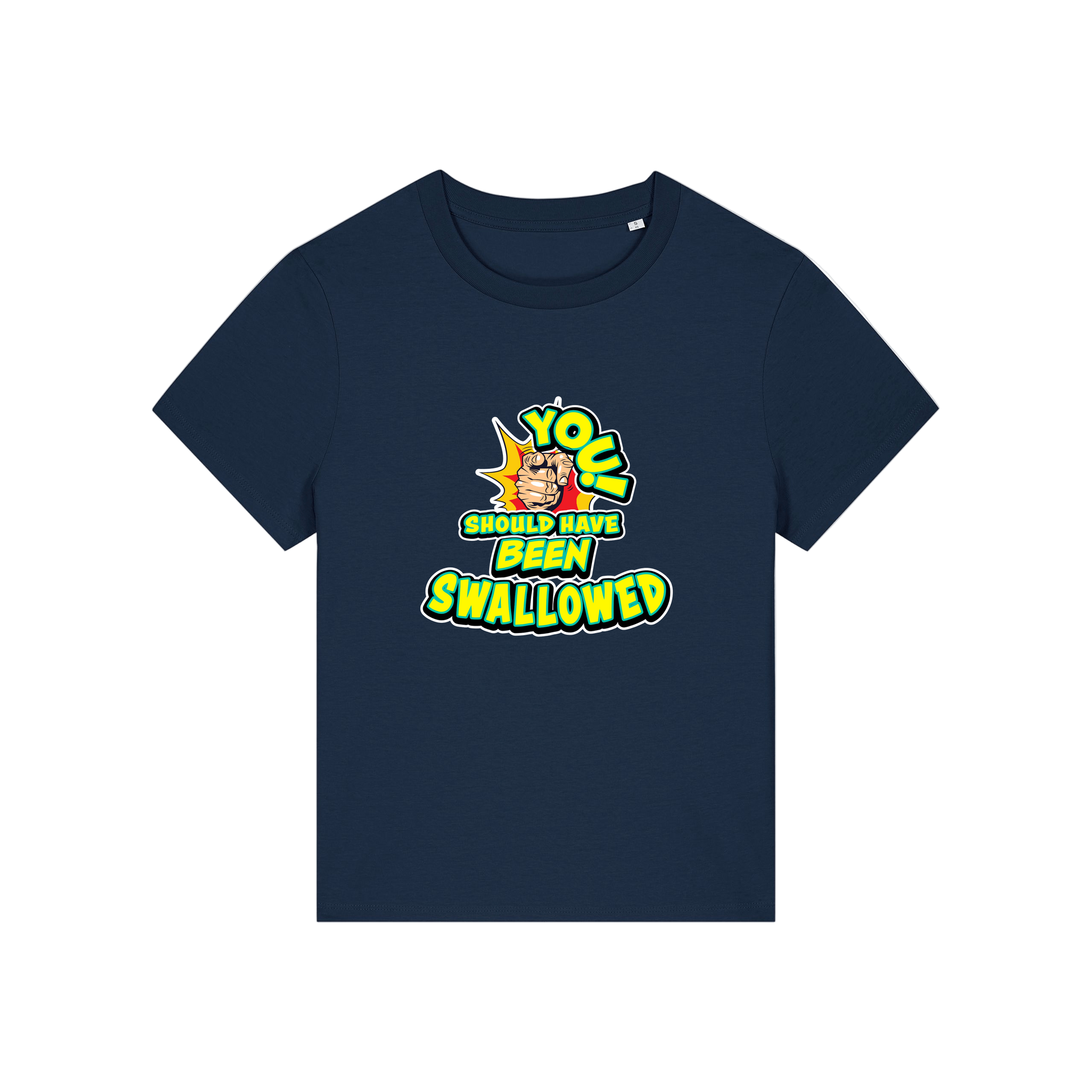 navy funny offensive t-shirt with the slogan 'you should have been swallowed'