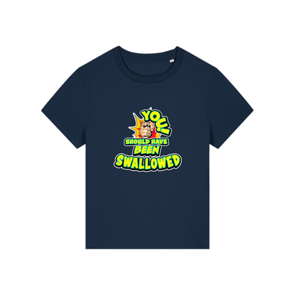 navy funny offensive t-shirt with the slogan 'you should have been swallowed'
