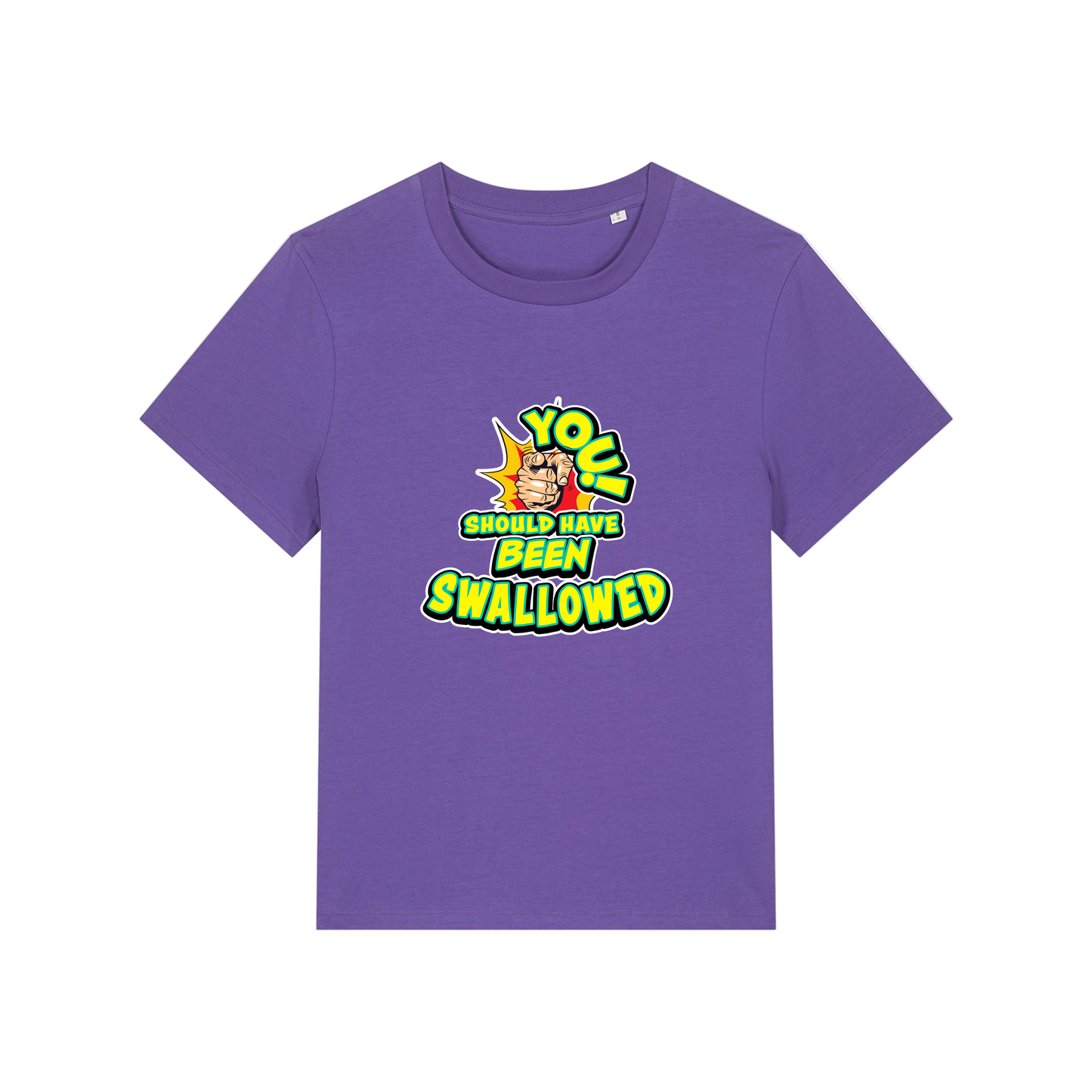 purple funny offensive t-shirt with the slogan 'you should have been swallowed'