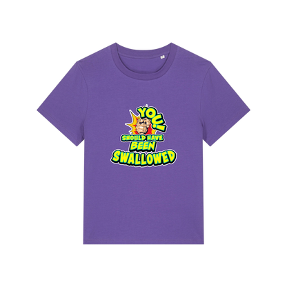 purple funny offensive t-shirt with the slogan 'you should have been swallowed'