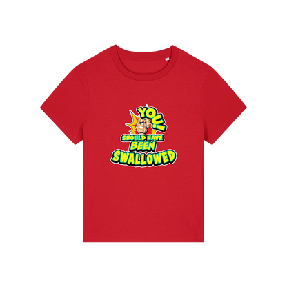 red funny offensive t-shirt with the slogan 'you should have been swallowed'
