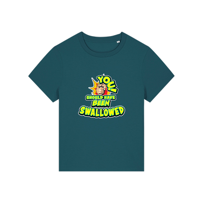 teal funny offensive t-shirt with the slogan 'you should have been swallowed'