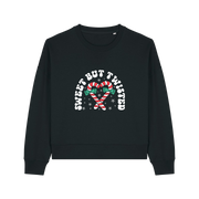 black christmas sweater with the graphic of candy canes and the slogan 'sweet but twisted'