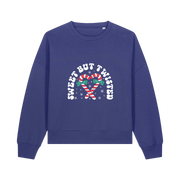 blue christmas sweater with the graphic of candy canes and the slogan 'sweet but twisted'