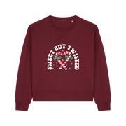 burgundy christmas sweater with the graphic of candy canes and the slogan 'sweet but twisted'