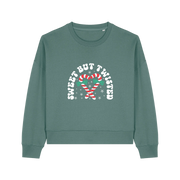 green christmas sweater with the graphic of candy canes and the slogan 'sweet but twisted'