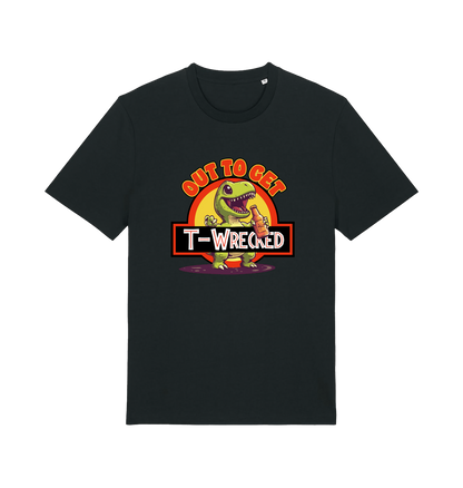 black funny t-shirt with the graphic of a dinosuar drinking beer and the slogan 'out to get t-wrecked'