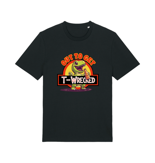 black funny t-shirt with the graphic of a dinosuar drinking beer and the slogan 'out to get t-wrecked'
