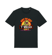 black funny t-shirt with the graphic of a dinosuar drinking beer and the slogan 'out to get t-wrecked'