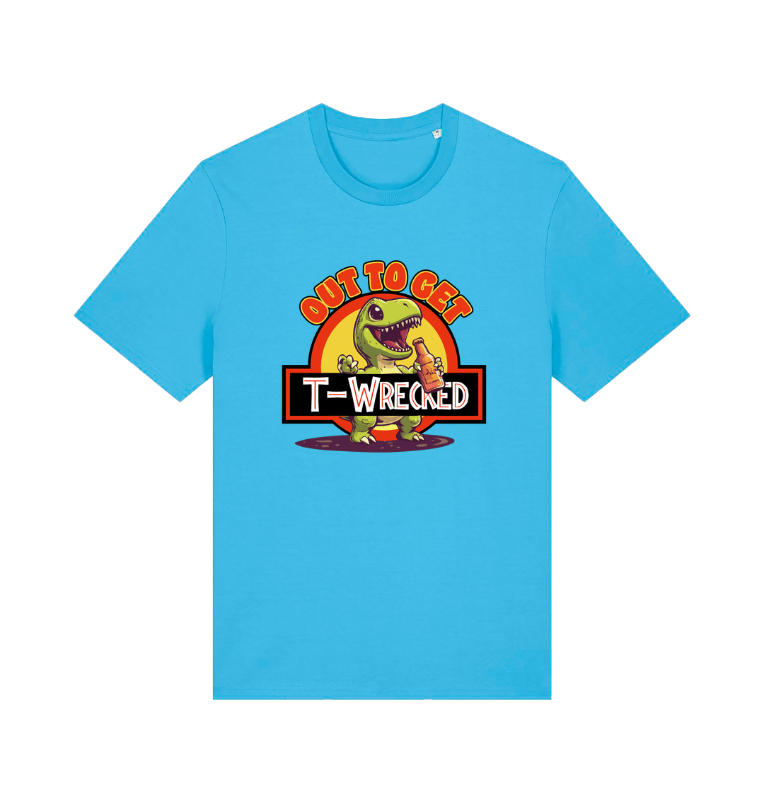 blue funny t-shirt with the graphic of a dinosuar drinking beer and the slogan 'out to get t-wrecked'