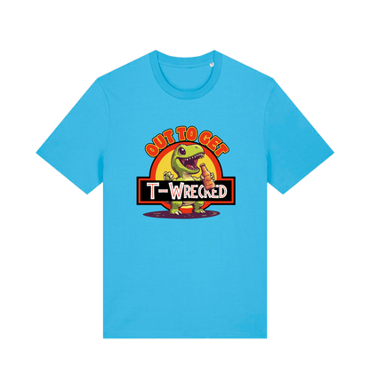 blue funny t-shirt with the graphic of a dinosuar drinking beer and the slogan 'out to get t-wrecked'