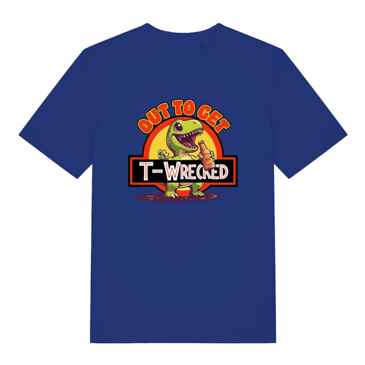 blue funny t-shirt with the graphic of a t-rex holding a bottle of beer and the slogan 'out to get t-wrecked'