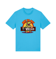 blue funny t-shirt with the graphic of a dinosuar drinking beer and the slogan 'out to get t-wrecked'