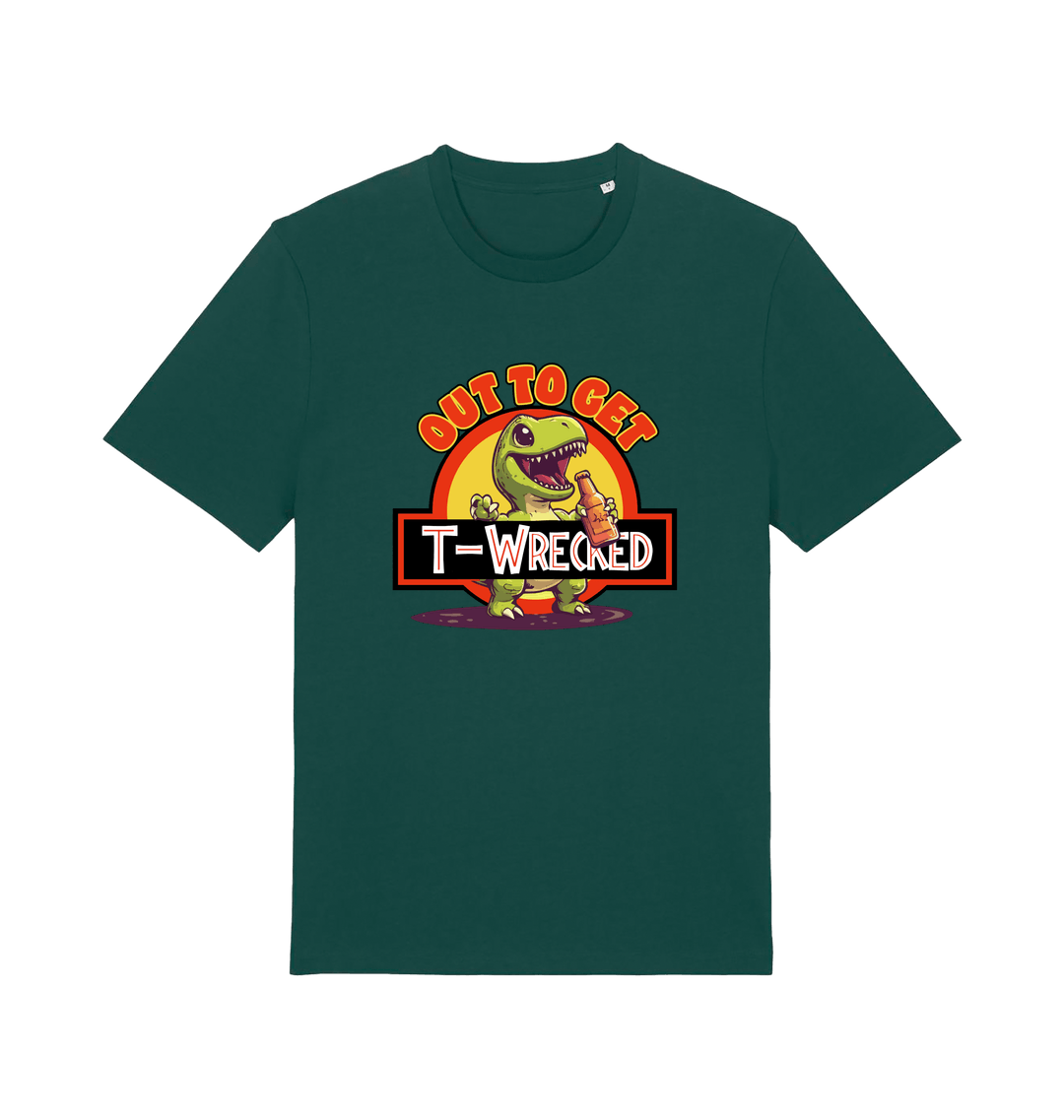 green funny t-shirt with the graphic of a dinosuar drinking beer and the slogan 'out to get t-wrecked'