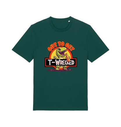 green funny t-shirt with the graphic of a dinosuar drinking beer and the slogan 'out to get t-wrecked'