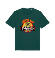 green funny t-shirt with the graphic of a dinosuar drinking beer and the slogan 'out to get t-wrecked'