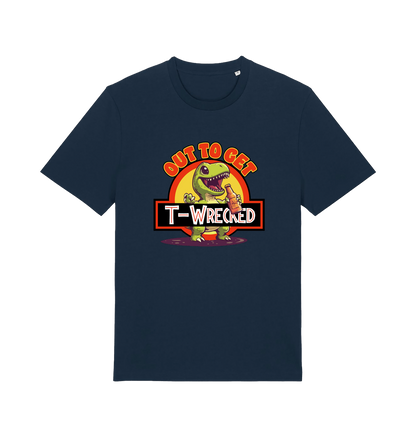 navy funny t-shirt with the graphic of a dinosuar drinking beer and the slogan 'out to get t-wrecked'