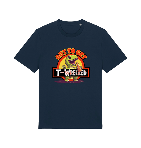 navy funny t-shirt with the graphic of a dinosuar drinking beer and the slogan 'out to get t-wrecked'