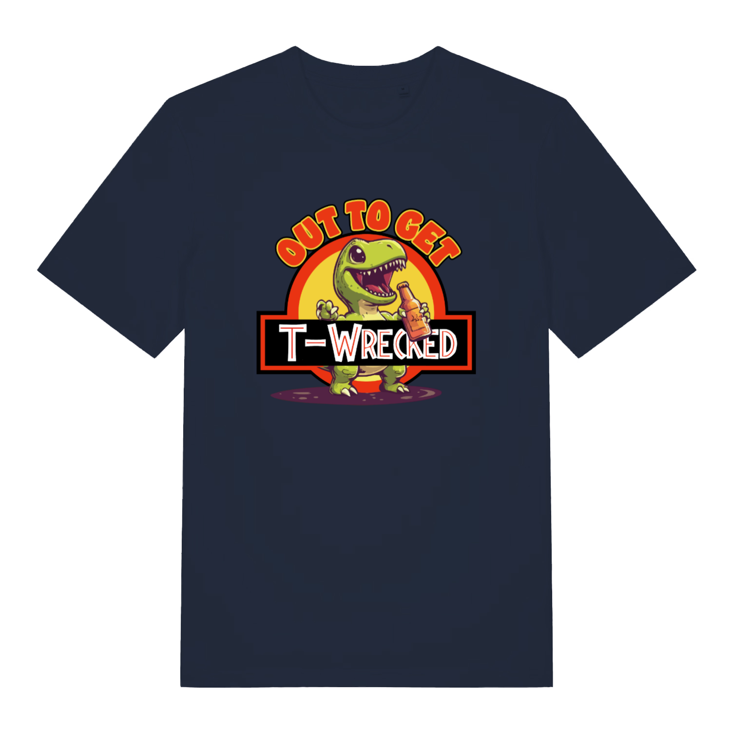 navy funny t-shirt with the graphic of a t-rex holding a bottle of beer and the slogan 'out to get t-wrecked'
