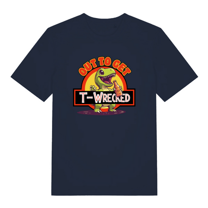 navy funny t-shirt with the graphic of a t-rex holding a bottle of beer and the slogan 'out to get t-wrecked'