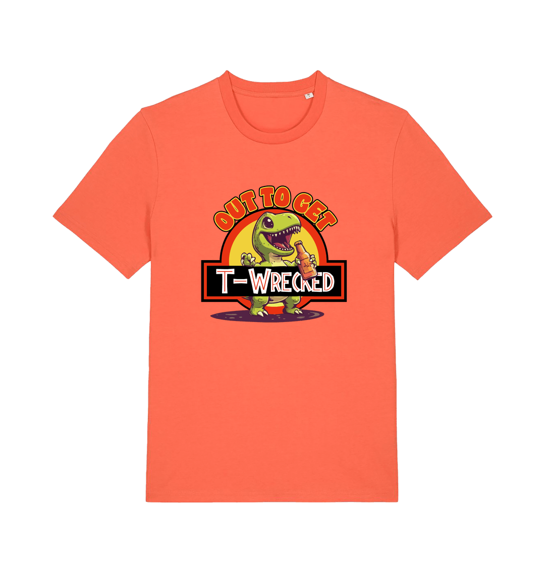 orange funny t-shirt with the graphic of a dinosuar drinking beer and the slogan 'out to get t-wrecked'